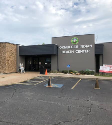 Muscogee Creek Nation Health Center Exterior of Okmulgee Indian Health Center building entrance.