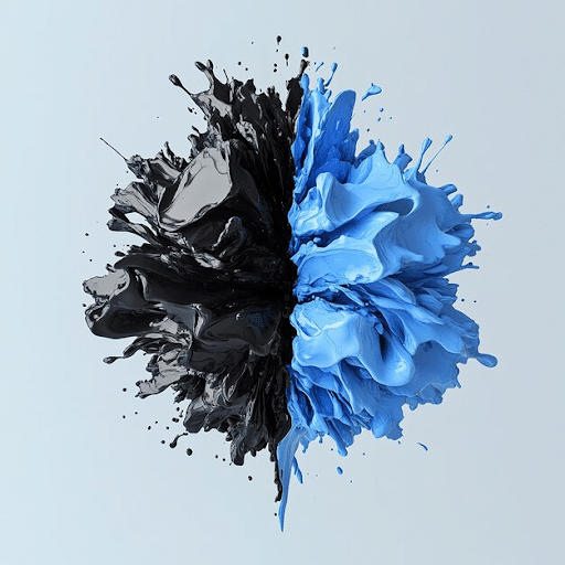 Emerald vs Duration Abstract splash art featuring a dynamic explosion of black paint on the left and vibrant blue paint on the right, blending at the center against a light background.