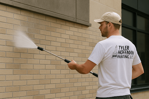 Painter wearing Tyler Hoffman Painting, LLC shirt performing pressure wash on commercial exteriors using safe techniques and building washing tips.
