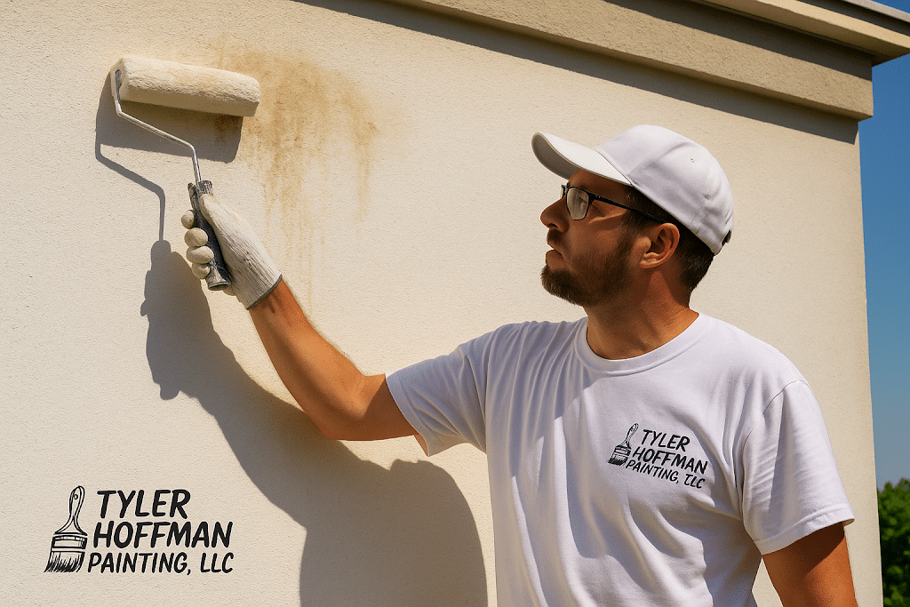 Professional painter from Tyler Hoffman Painting applying exterior paint in summer heat, managing ideal temperature for painting.