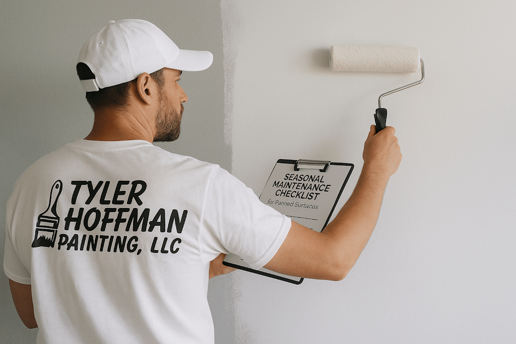 Tyler Hoffman Painting representative painting a wall while referencing a seasonal maintenance checklist for painted surfaces.